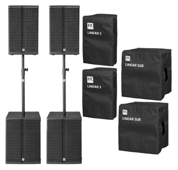 Professionelle HK Audio Linear 3 Bass Power Pack PA-Anlage aufgestellt für Live-Auftritte der Partyband Covered Music